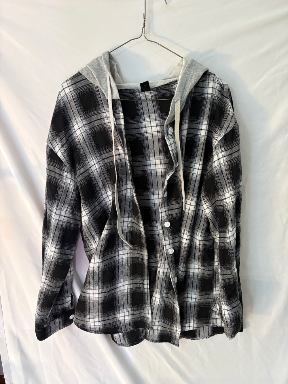 SHEIN Black & White Plaid Hooded Button-Up Utility Jacket